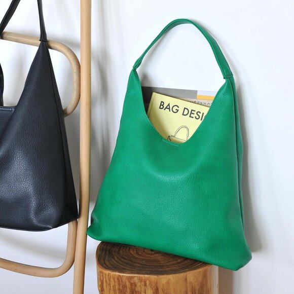 Women Green Imported PU Polyester Leather Hobo Soft Vegan Shoulder Tote Bags - Picture 3 of 6